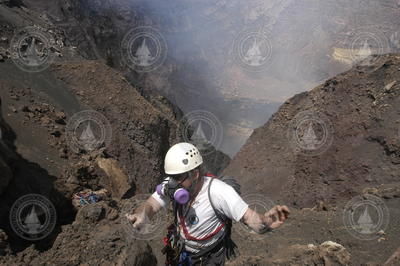 Geochemist Ken Sims rappels into Masaya Volcano in Nicaragua.