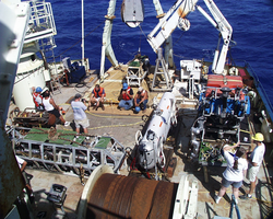 Crew members prepare ROV Jason for the first launch of the expedition.