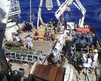 Crew members prepare ROV Jason for the first launch of the expedition.