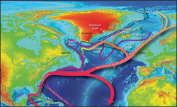 North Atlantic ocean currents circulation map.