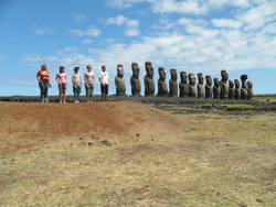 Researchers standing next to Moai statues in Rapa Nui National Park.