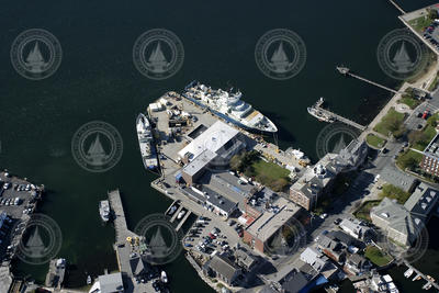 Aerial view of the WHOI dock with Atlantis (at right) and Oceanus docked.