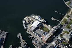Aerial view of the WHOI dock with Atlantis (at right) and Oceanus docked.