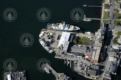 Aerial view of WHOI dock with R/V's Atlantis (top) and Oceanus (lower left).