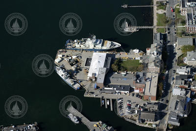 Aerial view of WHOI dock with R/V's Atlantis (top) and Oceanus (lower left).