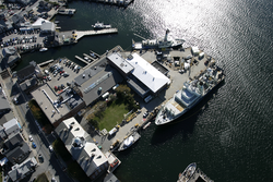 Aerial view of WHOI dock.  Atlantis is in the foreground and Oceanus in the background.