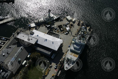 Aerial view of the WHOI dock with Atlantis (in foreground), and Oceanus.