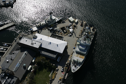 Aerial view of the WHOI dock with Atlantis (in foreground), and Oceanus.