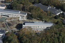 Aerial view of the Stanley W. Watson Laboratory foreground and the Marine Research Facility.