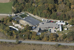 Aerial view of the Environmental Systems Laboratoy on the Quissett Campus.
