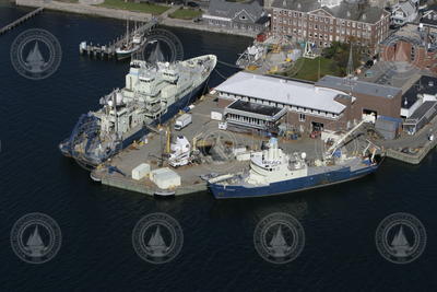 Aerial view of the WHOI dock with Atlantis (left) and Oceanus (right).