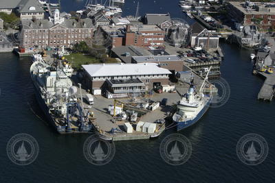 Aerial view of the WHOI dock with Atlantis (at left) and Oceanus docked.