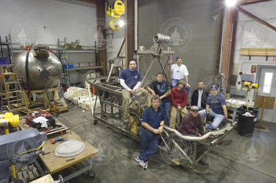 The DSV Alvin 2005 overhaul team perched on the sub frame.