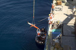 Spray glider is recovered to the deck of R/V Knorr.