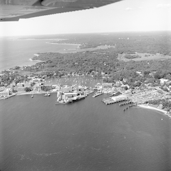 Aerial views of Woods Hole, Eel Pond, and Buzzards Bay.