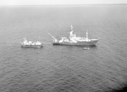 Aerial view of Knorr, Lulu and Alvin at sea during project FAMOUS.