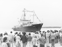 R/V Knorr returns home to WHOI in 1979 after the long voyage 73.