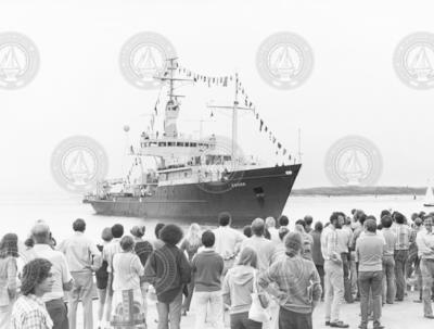 R/V Knorr returns home to WHOI in 1979 after the long voyage 73.