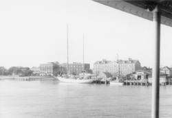 R/V Atlantis at dock in front of the Crane/Lillie building and Bigelow Labratory.