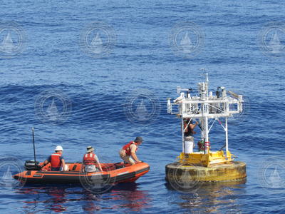 Mooring Techs troubleshoot instruments on buoy as part of SPURS-2.