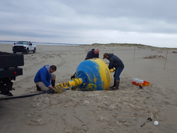 Kris Newhall, Jim Ryder and Jeff Pietro collect a right whale detection buoy.
