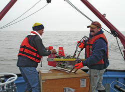 Steve Okkenen and Phil Alatalo deploying a towed Acrobat instrument.