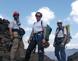 John Catto, Ken Sims and Dennis Jackson climbing into Masaya volcano.