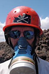 John Catto wearing his respirator at the Masaya volcano.