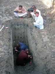 Liviu Giosan and Florin excavating sediment a pit in the Indus River Delta.