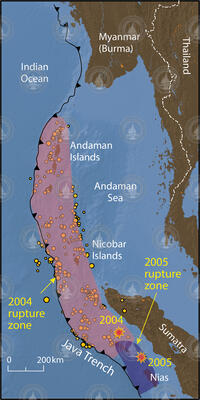 Location map for tectonic plate rupture zones along Java Trench.