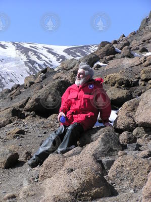 Rudy Scheltema (age of 78) climbing down a volcano crater on Deception Island.