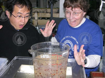 Biologists Jun Nishikawa and Patricia Kremer playfully mocking surprise.