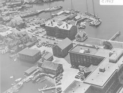 Aerial view of Water Street WHOI and MBL buildings and dock.