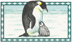 Parent Emperor penguin with chick on ice.