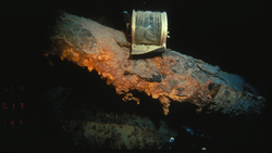 Brass running light on RMS Titanic fallen foremast is about 8 inches wide.