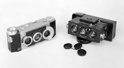 Realist stereo 35mm camera (219) and Heidoscope 120mm camera (218).