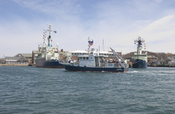 R/V Tioga's first arrival at WHOI dock joining R/Vs Knorr and Oceanus.