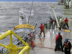 Buoy recovery operations aboard R/V Knorr.