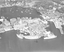 Aerial view of Aries, Atlantis, Crawford, and Bear at WHOI dock