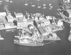 Aerial view of Chain and Atlantis II at WHOI dock
