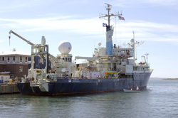 R/V Knorr at WHOI dock with long core system onboard.