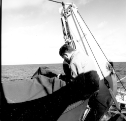 Mike Palmieri sewing boat cover on Atlantis II