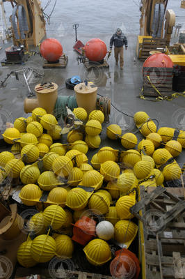 A pile of yellow mooring floats.