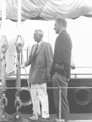 Henry Bigelow and Columbus Iselin aboard original R/V Atlantis during arrival at WHOI.