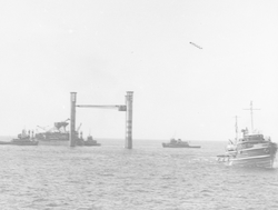 Construction of Texas Tower #4, associated boats