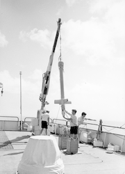 SOFAR float  suspended on deck of Knorr