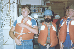 Group wearing flotation vests, aboard Knorr