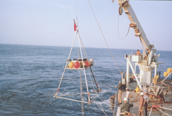 Buoy over the side of Knorr, group working from deck