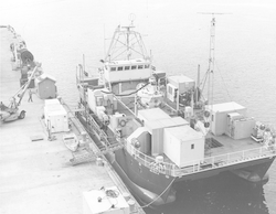 Later version of Lulu at WHOI dock, Alvin on deck