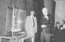 John Steele and Charles Adams looking at model of Atlantis made by Ed Chute